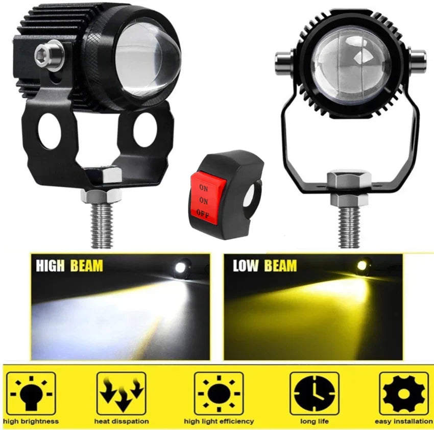 Mini Fog Light 🌫️✨ Dual White-Yellow 20W for Motorcycle & Cars 🚗🏍️